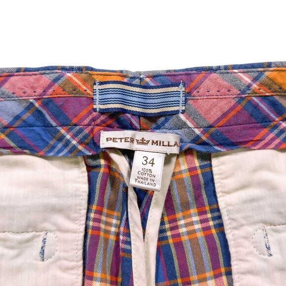 Peter Millar Mens Golf Shorts 34 Blue Orange Plaid Cotton Flat Front 9" Inseam - Picture 3 of 6